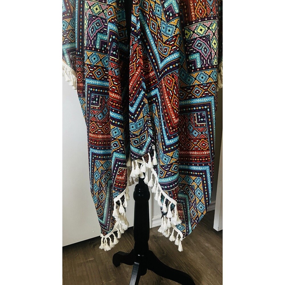 Orange Creek Tasseled Fringed Trim‎ Open Front Flowy Kimono Multicolor Large - Picture 2 of 7